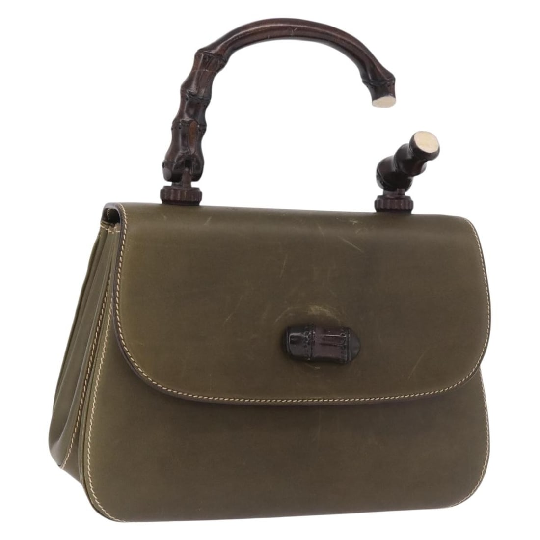 Gucci Bamboo Leather Handbag Khaki Gold Tone Italy: Gucci Bamboo Leather Handbag Khaki Gold Tone Italy Gucci Bamboo hand bag in khaki and gold leather, made in Italy. The bag measures approximately 25 cm W x 17 cm H x 8 cm D, with a handle drop of appr
