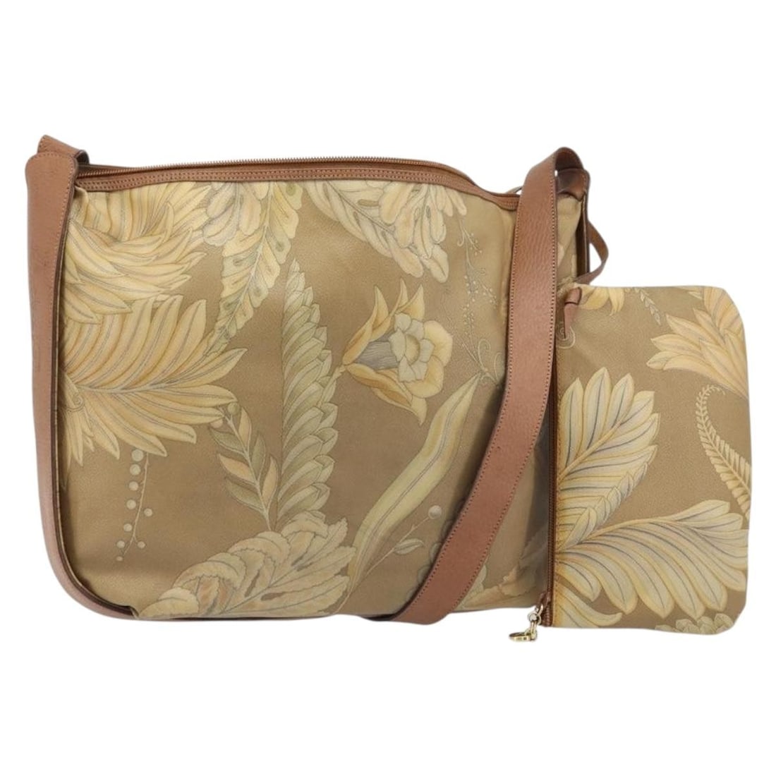 Beige Canvas Shoulder Bag by Salvatore Ferragamo with Pouch: Beige Canvas Shoulder Bag by Salvatore Ferragamo with Pouch This Salvatore Ferragamo shoulder bag is crafted from beige canvas with gold-tone accents, designed for women. The bag features a spacious m