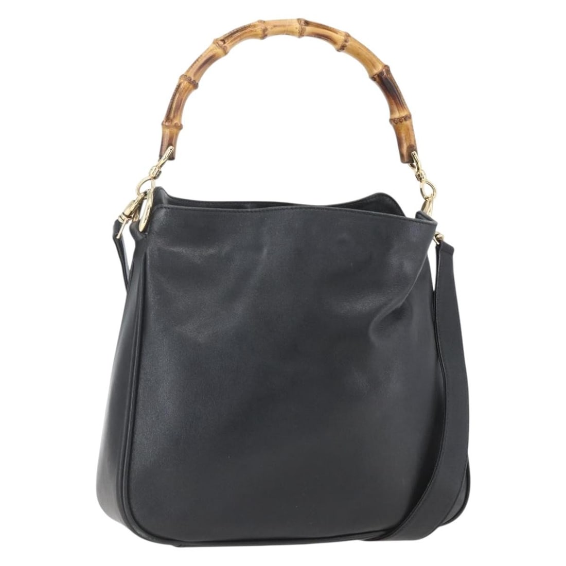Black Leather GUCCI Bamboo Convertible Handbag with Gold Accents 001 1705 1638: Black Leather GUCCI Bamboo Convertible Handbag with Gold Accents 001 1705 1638 This is a Gucci bamboo handle handbag crafted from black leather with gold-tone accents. The bag offers a versatile 2-way