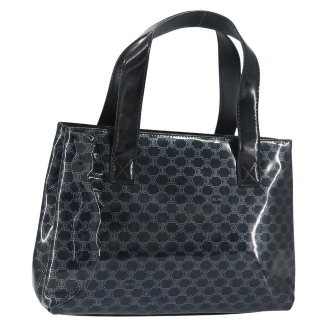 CELINE Black Vinyl Macadam Canvas Hand Bag Italy Auth MC00/1: CELINE Black Vinyl Macadam Canvas Hand Bag Italy Auth MC00/1 This authentic CELINE Macadam Canvas Hand Bag is a stylish accessory crafted in Italy from durable vinyl with a classic black finish. Measu