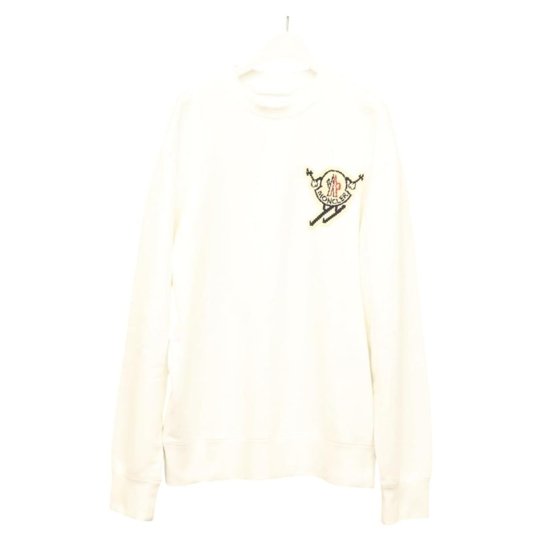 Moncler White Cotton Long Sleeve T Shirt Womens: Moncler White Cotton Long Sleeve T Shirt Womens Moncler long-sleeved T-shirt for women in white cotton, made in Turkey. The item is listed in heavily used condition with visible surface rubbing, stain