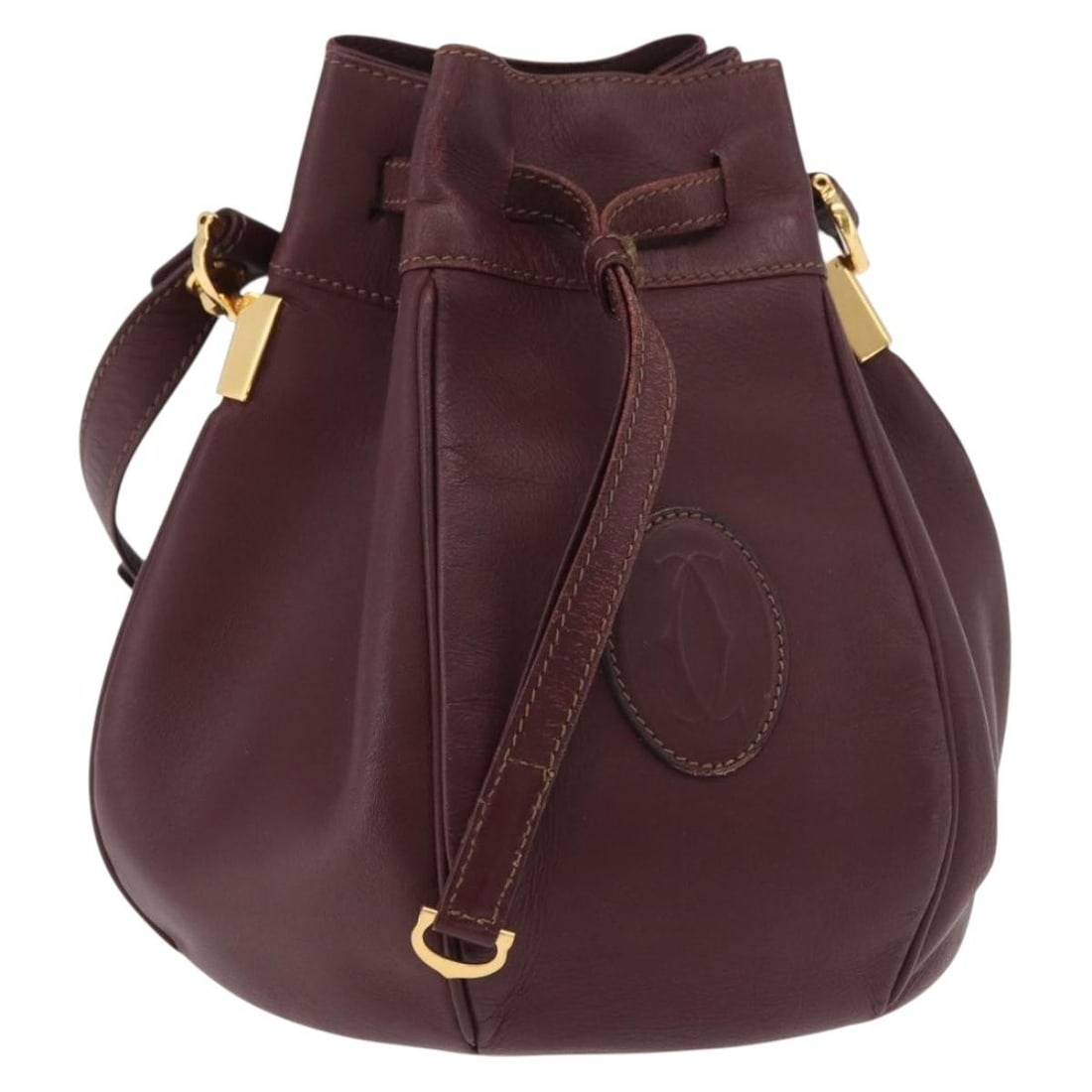 Cartier Must Line Bordeaux Gold Leather Shoulder Bag: Cartier Must Line Bordeaux Gold Leather Shoulder Bag This Cartier Must Line shoulder bag is crafted from bordeaux leather with gold-tone accents. Designed for women, it features a structured silhouett