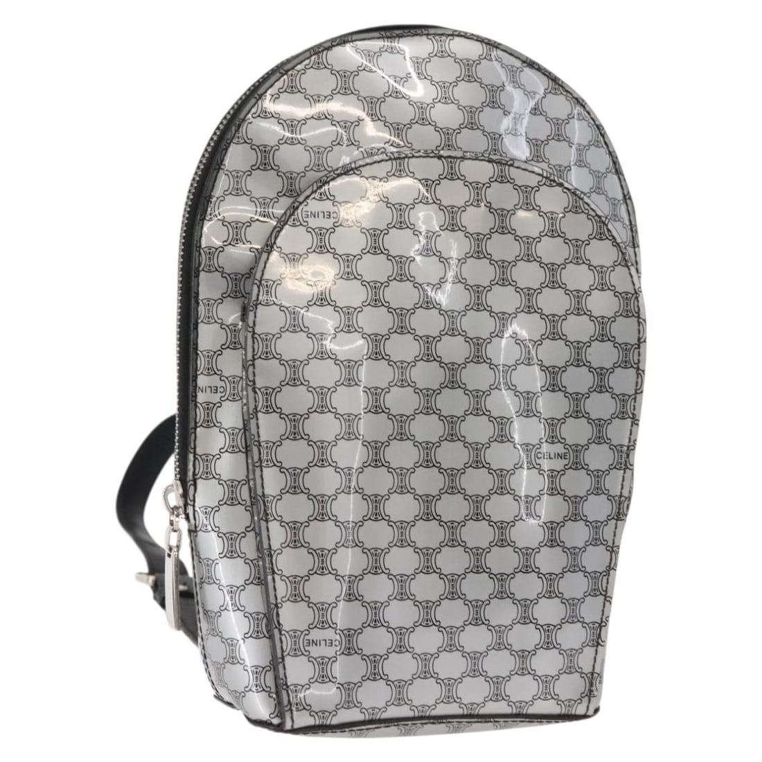 CELINE Silver Macadam Canvas Backpack Auth 146658 Italy: CELINE Silver Macadam Canvas Backpack Auth 146658 Italy This authentic CELINE Macadam Canvas Backpack is a stylish accessory made in Italy. Crafted from durable PVC leather and Macadam canvas, it show