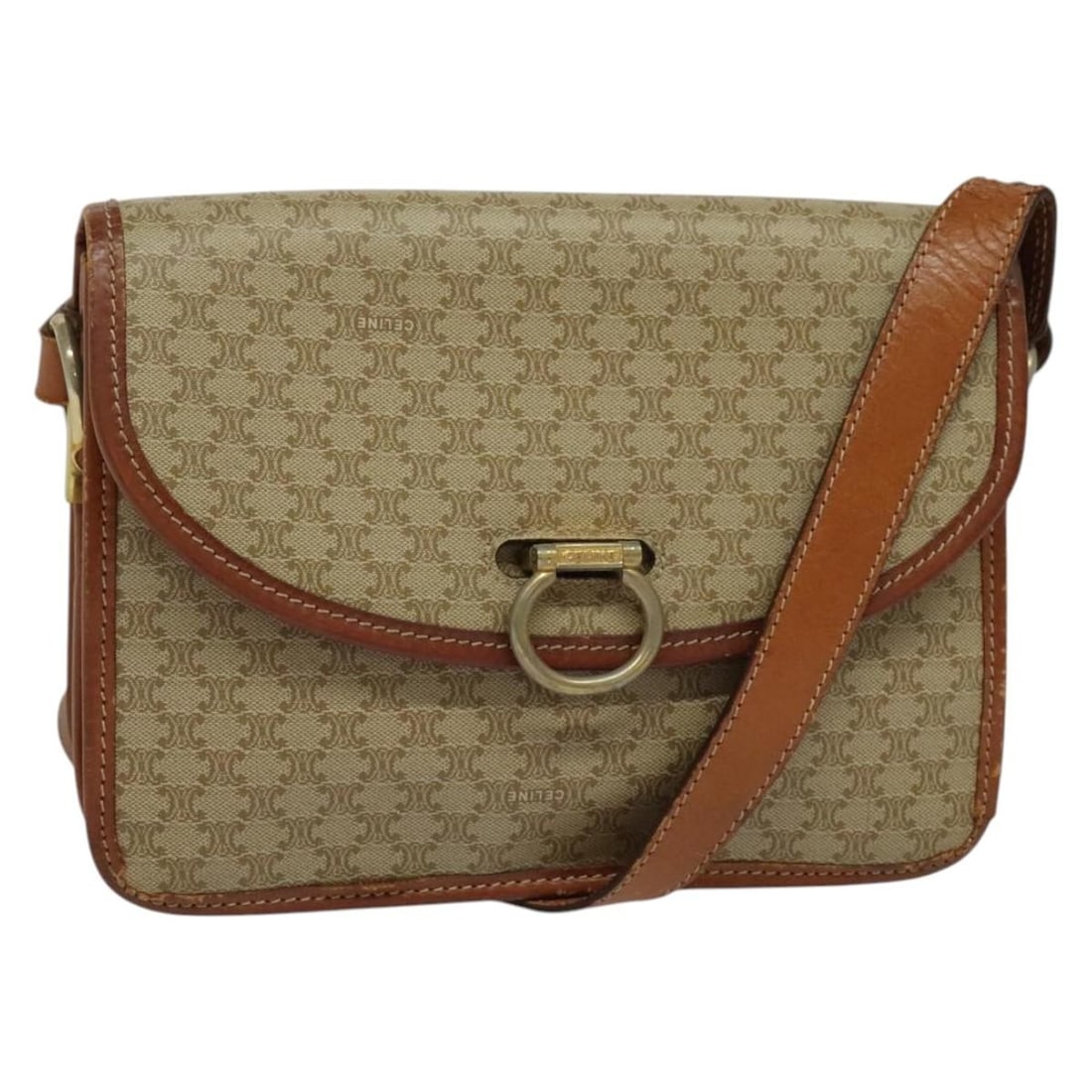 CELINE Macadam Canvas Shoulder Bag PVC Leather Beige Gold Made in Italy: CELINE Macadam Canvas Shoulder Bag PVC Leather Beige Gold Made in Italy This Celine Macadam Canvas Shoulder Bag showcases a chic combination of beige and gold tones, crafted from durable PVC leather. 