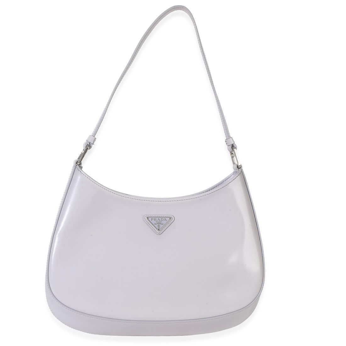 Prada Cleo Medium Hobo Bag Gray Patent Leather: Prada Cleo Medium Hobo Bag Gray Patent Leather Pre-owned Prada Grey Spazzolato Medium Cleo Bag in gray patent leather with a magnetic snap closure. This unisex hobo-style handbag features a fabric lin