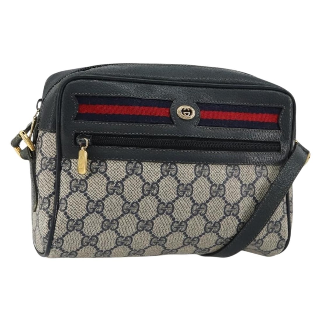 Gucci 119 02 087 GG Supreme Shoulder Bag Navy Gold PVC Leather: Gucci 119 02 087 GG Supreme Shoulder Bag Navy Gold PVC Leather Gucci GG Supreme Sherry Line shoulder bag in navy and gold, made in Italy from PVC leather and GG canvas. This women's shoulder bag featu