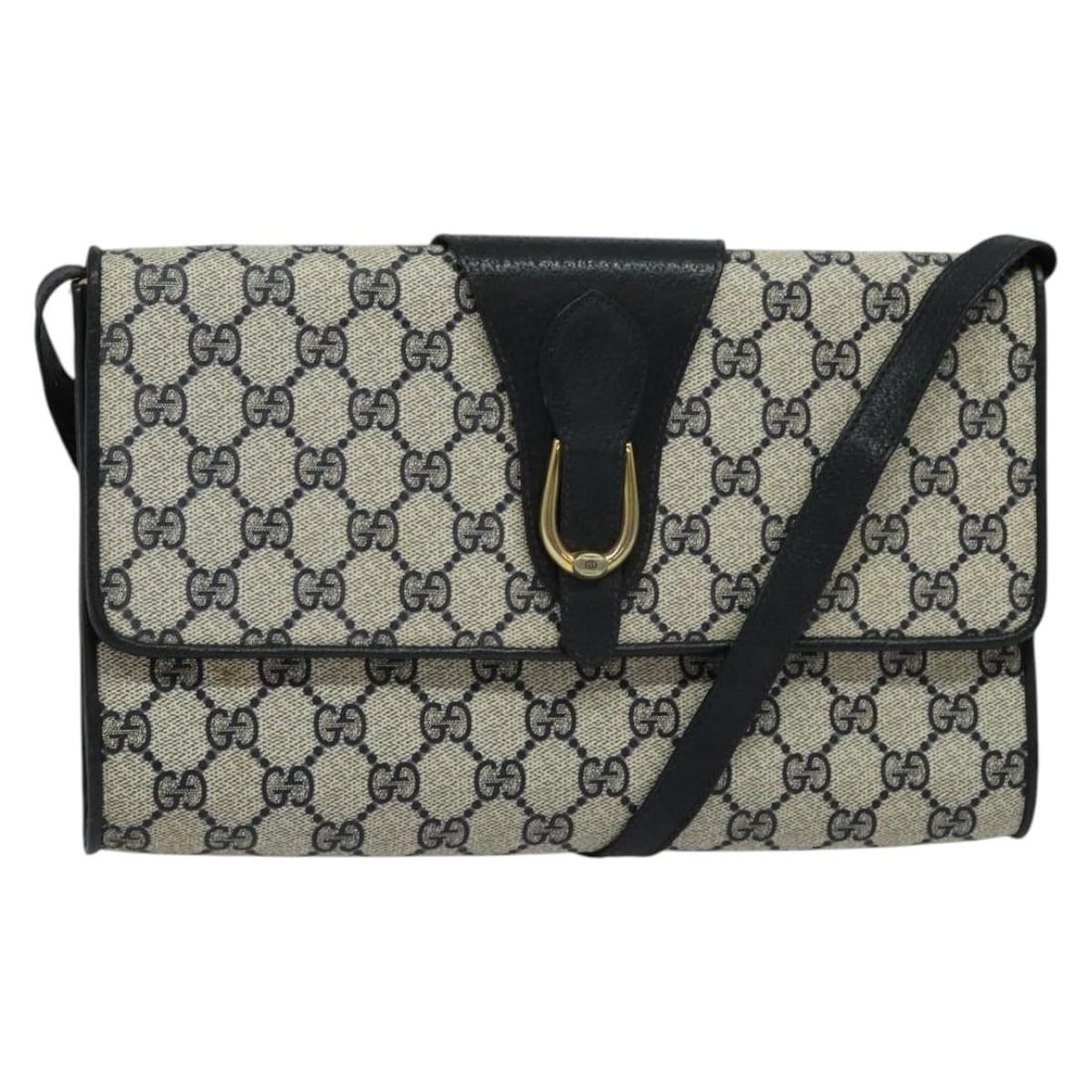 GUCCI GG Supreme Navy Gold Shoulder Bag PVC Leather Italy: GUCCI GG Supreme Navy Gold Shoulder Bag PVC Leather Italy This GUCCI GG Supreme Shoulder Bag is a stylish accessory crafted from durable PVC leather and adorned with GG canvas. The exterior features a