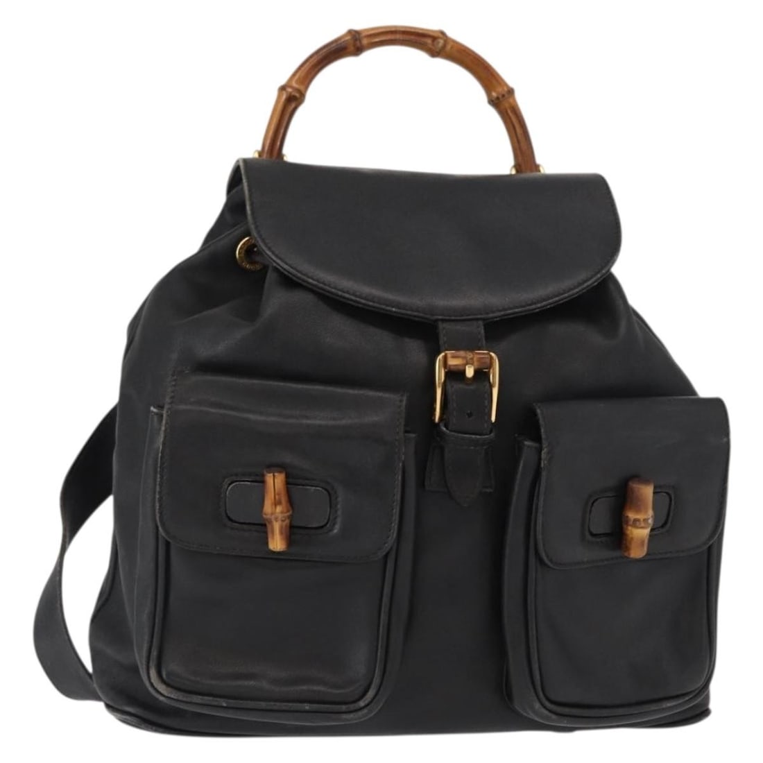 Gucci Bamboo Leather Backpack Black Gold Tone 003 2058 0016: Gucci Bamboo Leather Backpack Black Gold Tone 003 2058 0016 Black leather backpack in black and gold, made in Italy. The item is identified as style 003 2058 0016 and is offered in heavily used condit