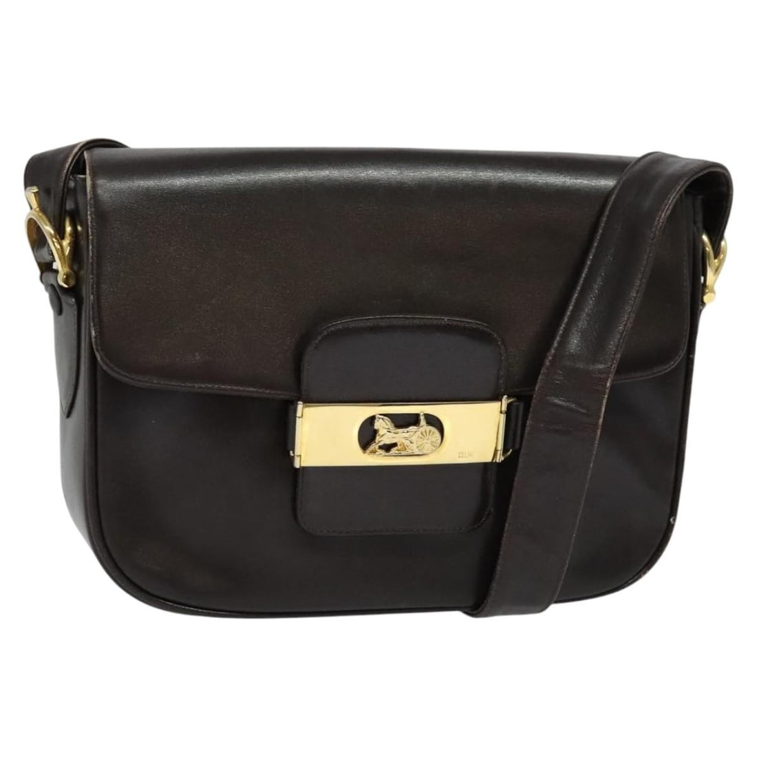 CELINE Horse Carriage Leather Shoulder Bag Brown Gold Made in Italy: CELINE Horse Carriage Leather Shoulder Bag Brown Gold Made in Italy Introducing the CELINE Horse Carriage Shoulder Bag, a sophisticated accessory crafted in Italy. This stylish shoulder bag features a