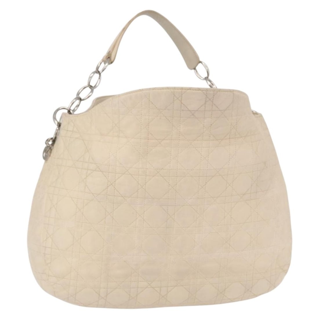 Ivory Leather Canage Shoulder Bag by Christian Dior with Silver Accents: Ivory Leather Canage Shoulder Bag by Christian Dior with Silver Accents This Christian Dior Canage shoulder bag is crafted from ivory leather with silver-tone accents. The bag features a structured si