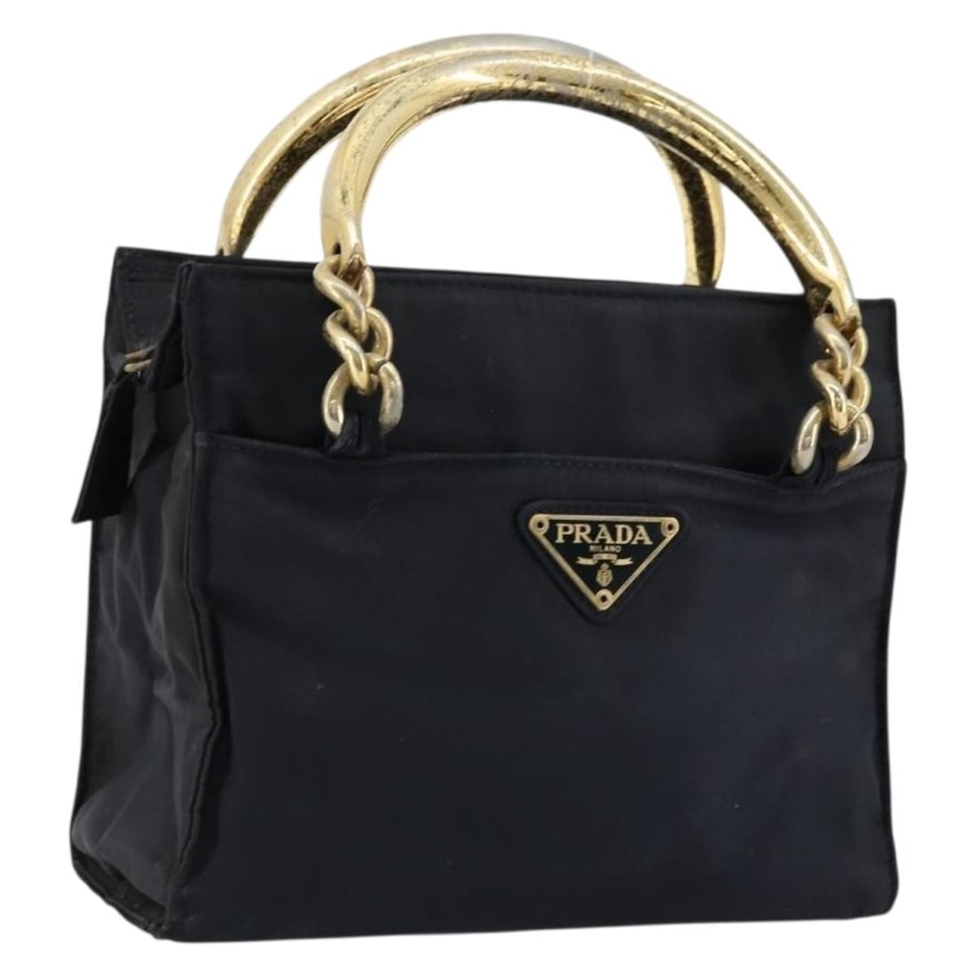 Prada navy gold nylon chain handbag Italy: Prada navy gold nylon chain handbag Italy This PRADA chain handbag is crafted from navy nylon with gold-tone accents. Designed for women, it features a compact silhouette and a chain handle with a dro