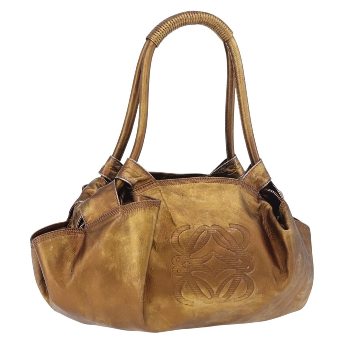 LOEWE Anagram Leather Hand Bag Bronze Gold Spain: LOEWE Anagram Leather Hand Bag Bronze Gold Spain A LOEWE Anagram leather handbag in bronze and gold tone, made in Spain. The bag is described as a hand bag style and is heavily used, with noted wear i
