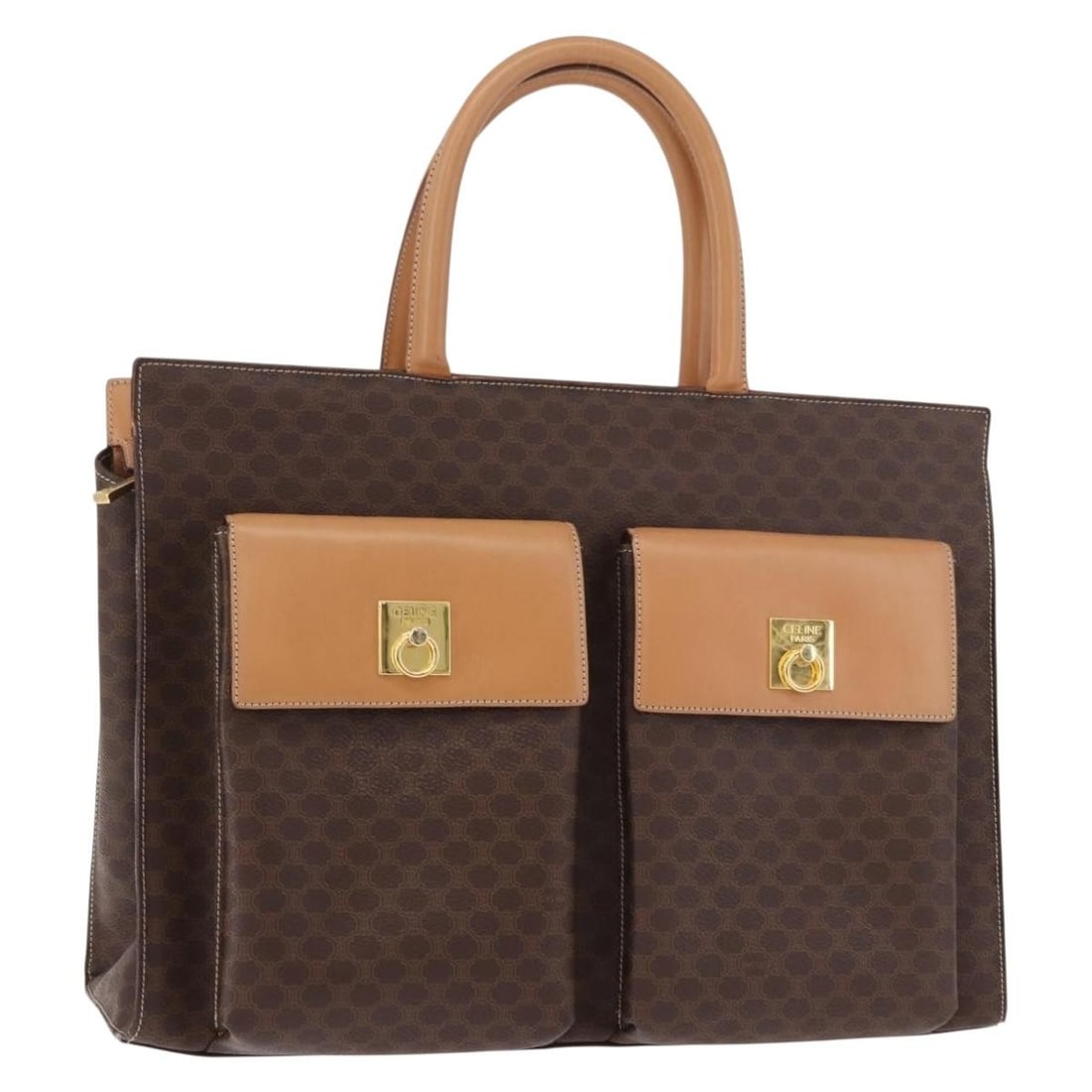 Celine Macadam PVC Leather Tote Handbag Brown Beige Gold: Celine Macadam PVC Leather Tote Handbag Brown Beige Gold A CELINE Macadam canvas tote bag in brown, beige, and gold, made from PVC leather and Macadam canvas. It features a tote bag style with a handl