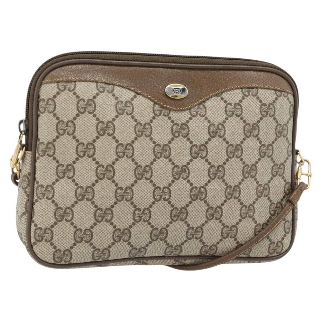 Gucci 97 02 068 GG Supreme PVC Leather Shoulder Bag Beige Gold: Gucci 97 02 068 GG Supreme PVC Leather Shoulder Bag Beige Gold Gucci shoulder bag in PVC leather and GG canvas with a beige and gold colorway. Made in Italy, it measures approximately 9.1 x 6.3 x 1.6 