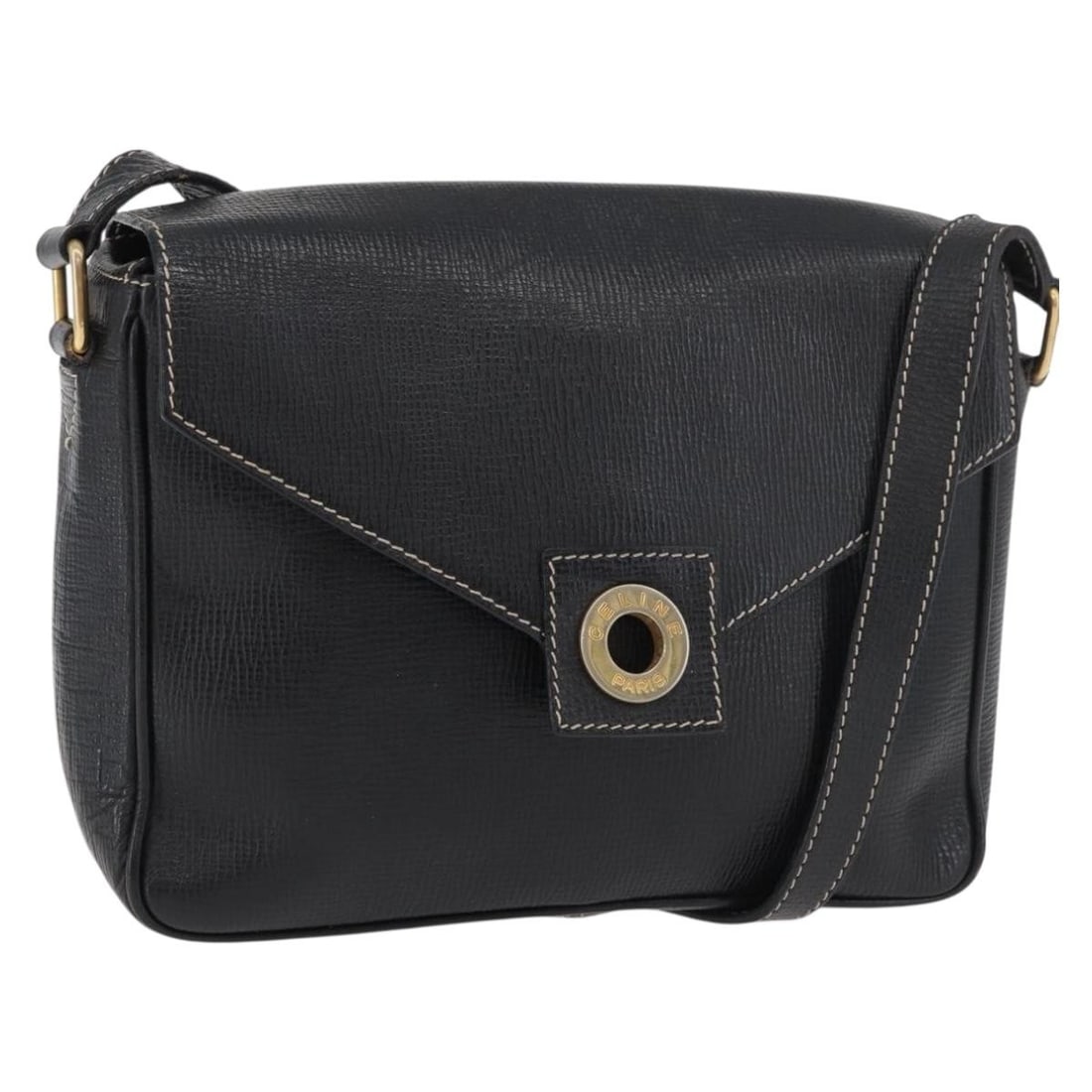 CELINE leather shoulder bag black with gold tone hardware: CELINE leather shoulder bag black with gold tone hardware Authentic CELINE circle shoulder bag in black leather with gold-tone accents. Made in Italy, this women's shoulder bag features an adjustable 