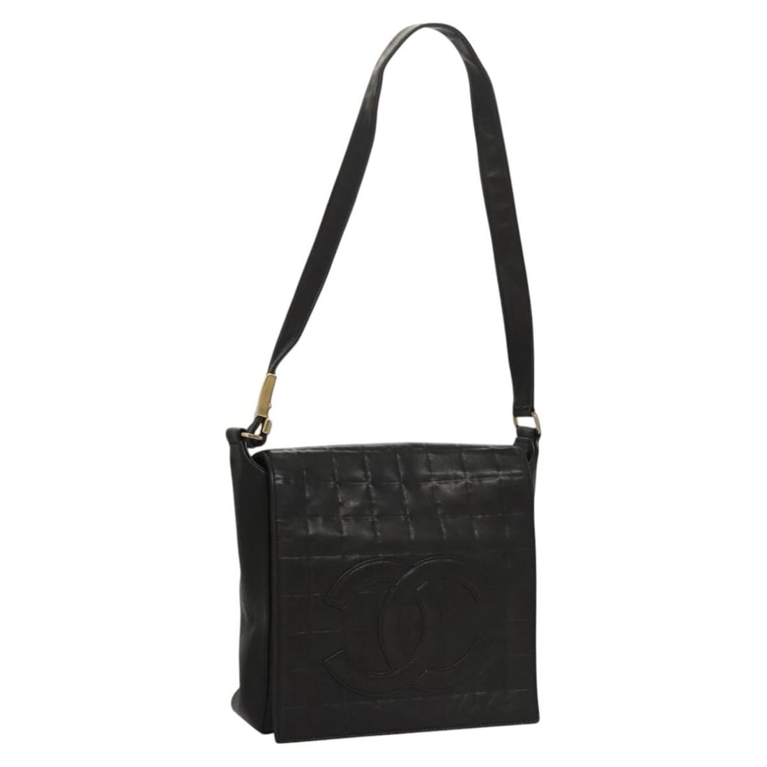 CHANEL Choco Bar Lamb Skin Black Shoulder Bag CC: CHANEL Choco Bar Lamb Skin Black Shoulder Bag CC A black CHANEL Choco Bar line shoulder bag made from lamb skin. It measures approximately W21 cm x H22 cm x D7 cm (W8.3 x H8.7 x D2.8 inches) and was m