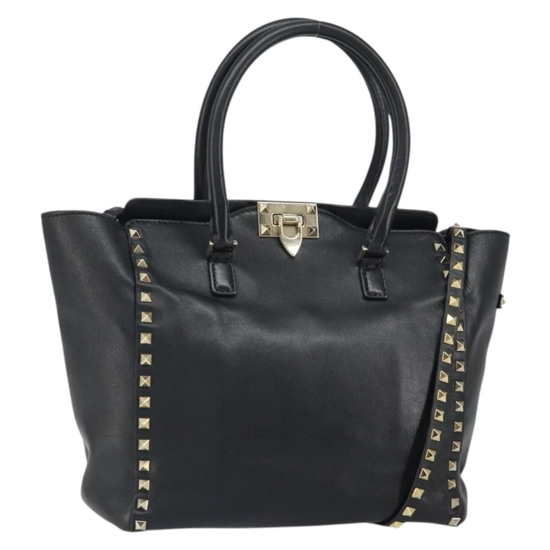 Valentino Rockstud Leather 2way Handbag Black Gold Shoulder Strap: Valentino Rockstud Leather 2way Handbag Black Gold Shoulder Strap Valentino Rockstud leather handbag in black and gold, designed as a 2-way style with a shoulder strap accessory. Made in Italy, this b