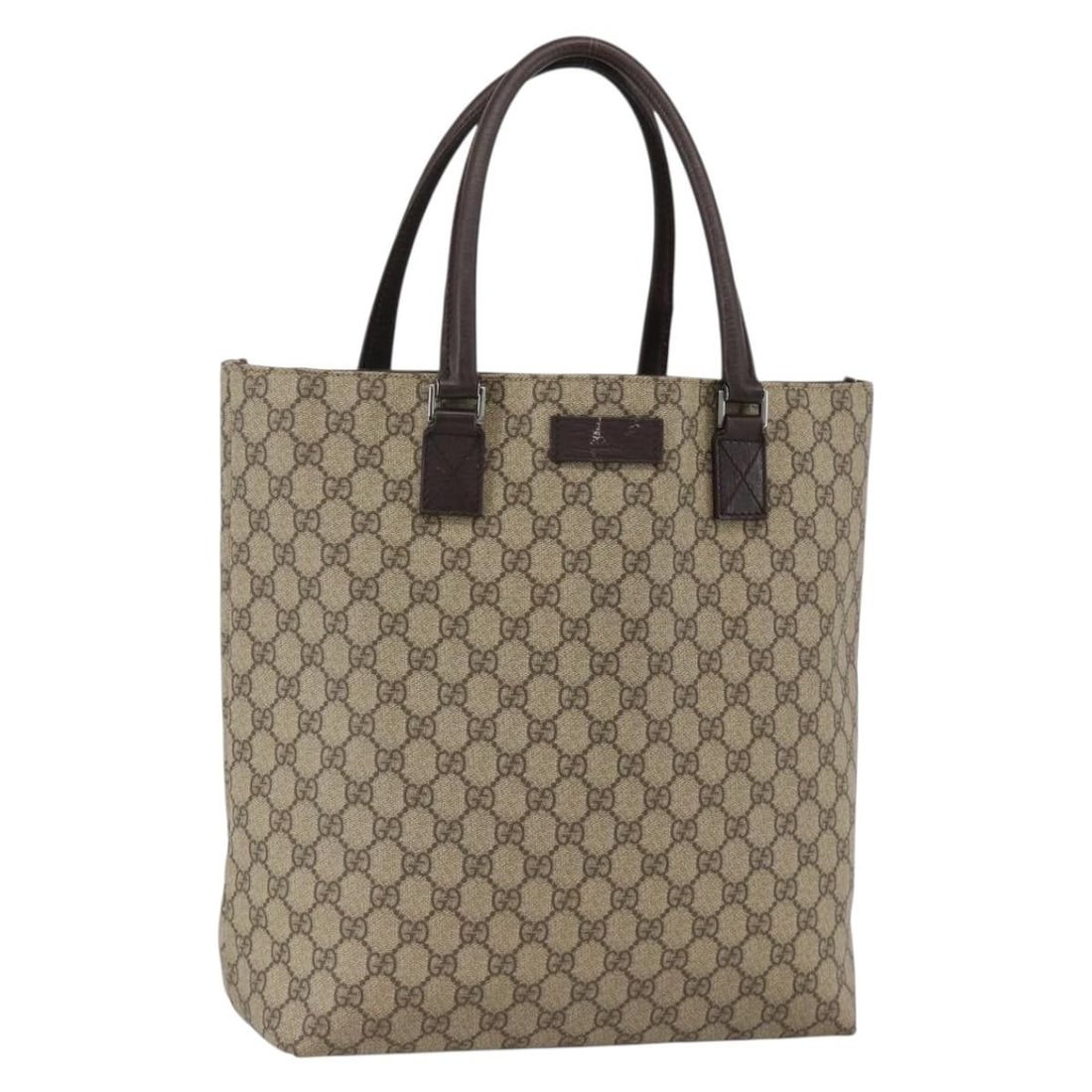 Gucci 131220 GG Supreme PVC Handbag Beige Silver: Gucci 131220 GG Supreme PVC Handbag Beige Silver Gucci GG Supreme handbag in beige and silver, made from PVC leather and GG canvas. It is an Italy-made hand bag with a structured size of approximately