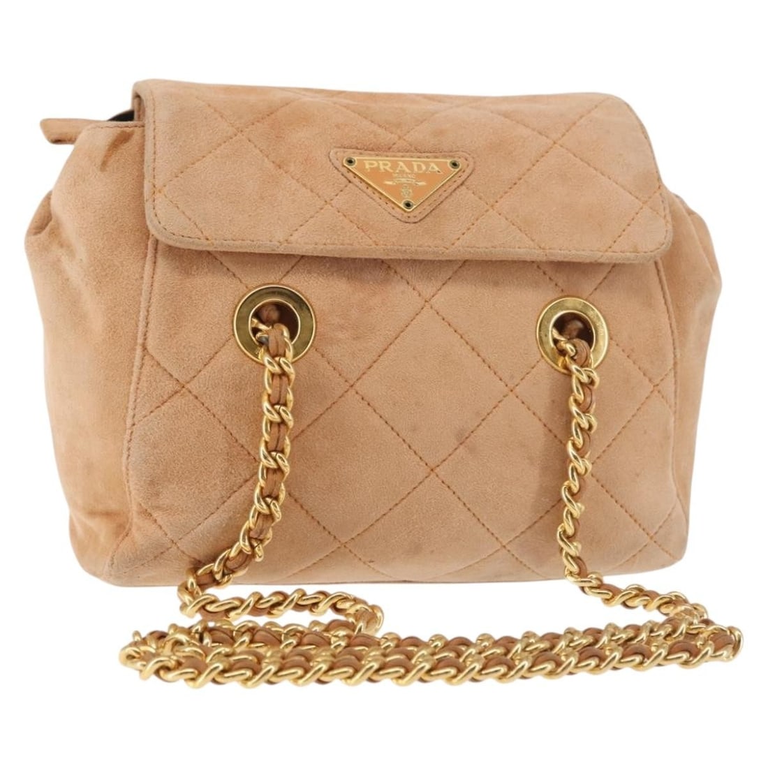 PRADA suede shoulder bag beige with gold chain strap: PRADA suede shoulder bag beige with gold chain strap Prada shoulder bag in beige and gold suede, made in Italy. The bag features a shoulder strap drop of approximately 15.7 inches (40 cm) and measures