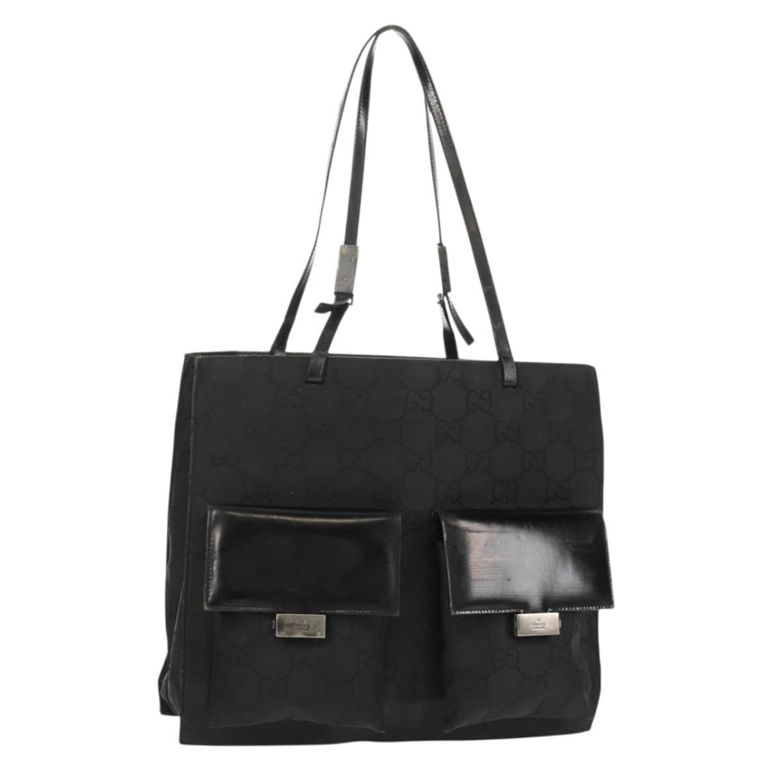 GUCCI GG Canvas Tote Bag Black Silver 002 1021 Authentic: GUCCI GG Canvas Tote Bag Black Silver 002 1021 Authentic This authentic GUCCI GG Canvas Tote Bag showcases a stylish black and silver design, perfect for both casual and elegant occasions. Crafted in 