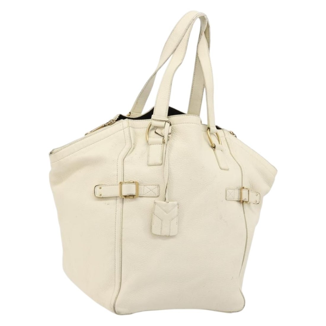 Saint Laurent 172460 white gold leather handbag with clochette: Saint Laurent 172460 white gold leather handbag with clochette This SAINT LAURENT women's handbag is crafted from white and gold leather and features a structured silhouette with dual top handles. The
