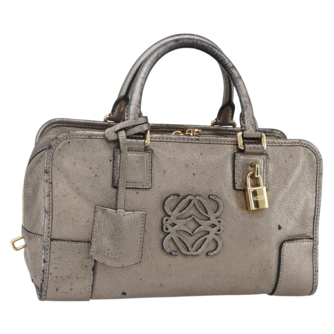 LOEWE Americana 28 Gold Leather Hand Bag with Padlock and Keys: LOEWE Americana 28 Gold Leather Hand Bag with Padlock and Keys This LOEWE Anagram Americana 28 handbag is crafted from gold leather and features a structured silhouette. The bag includes a top handle 