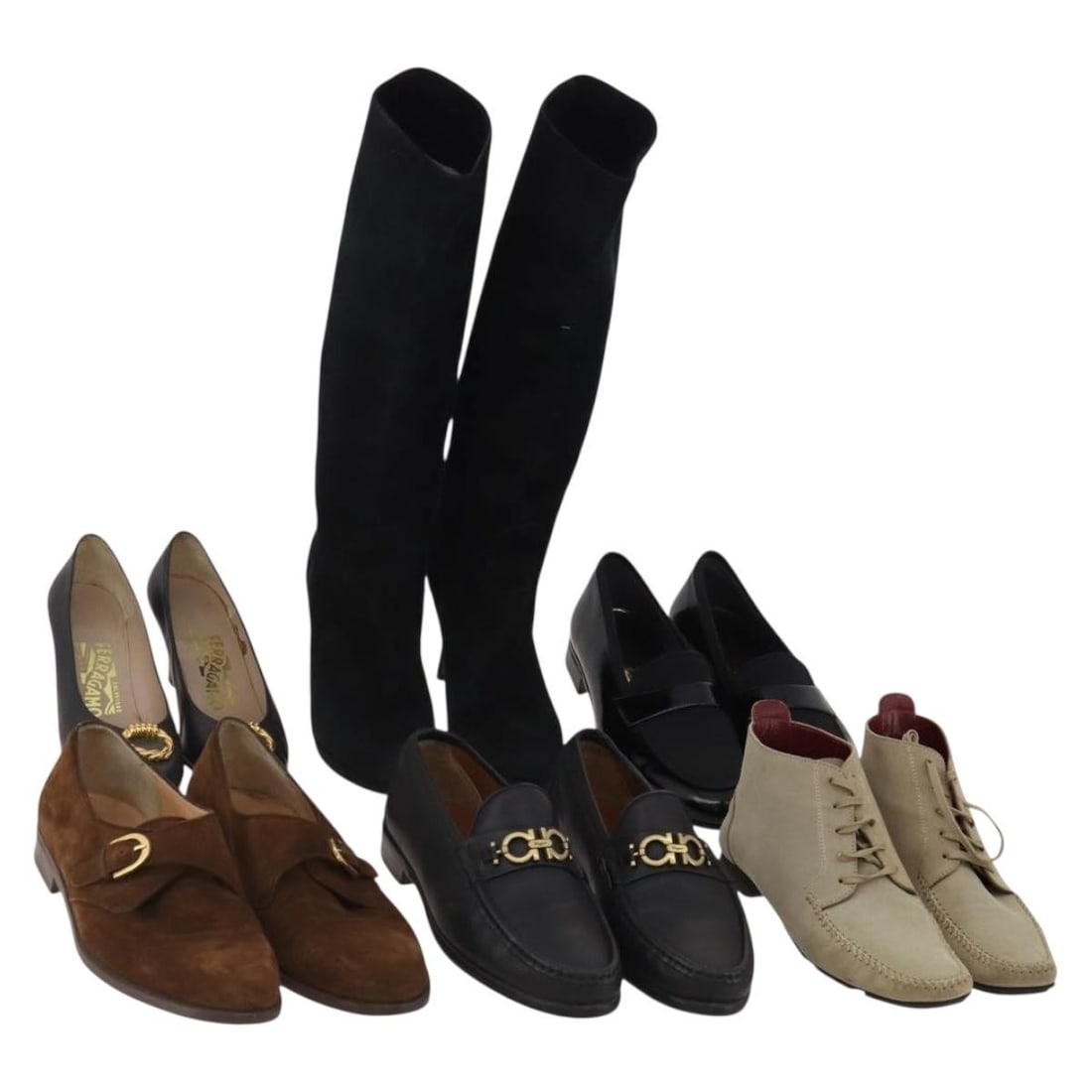 Salvatore Ferragamo suede leather shoes brown navy black set of 6: Salvatore Ferragamo suede leather shoes brown navy black set of 6 This is a special bundle of Salvatore Ferragamo women's shoes crafted from suede leather in brown, navy, and black. The set includes h