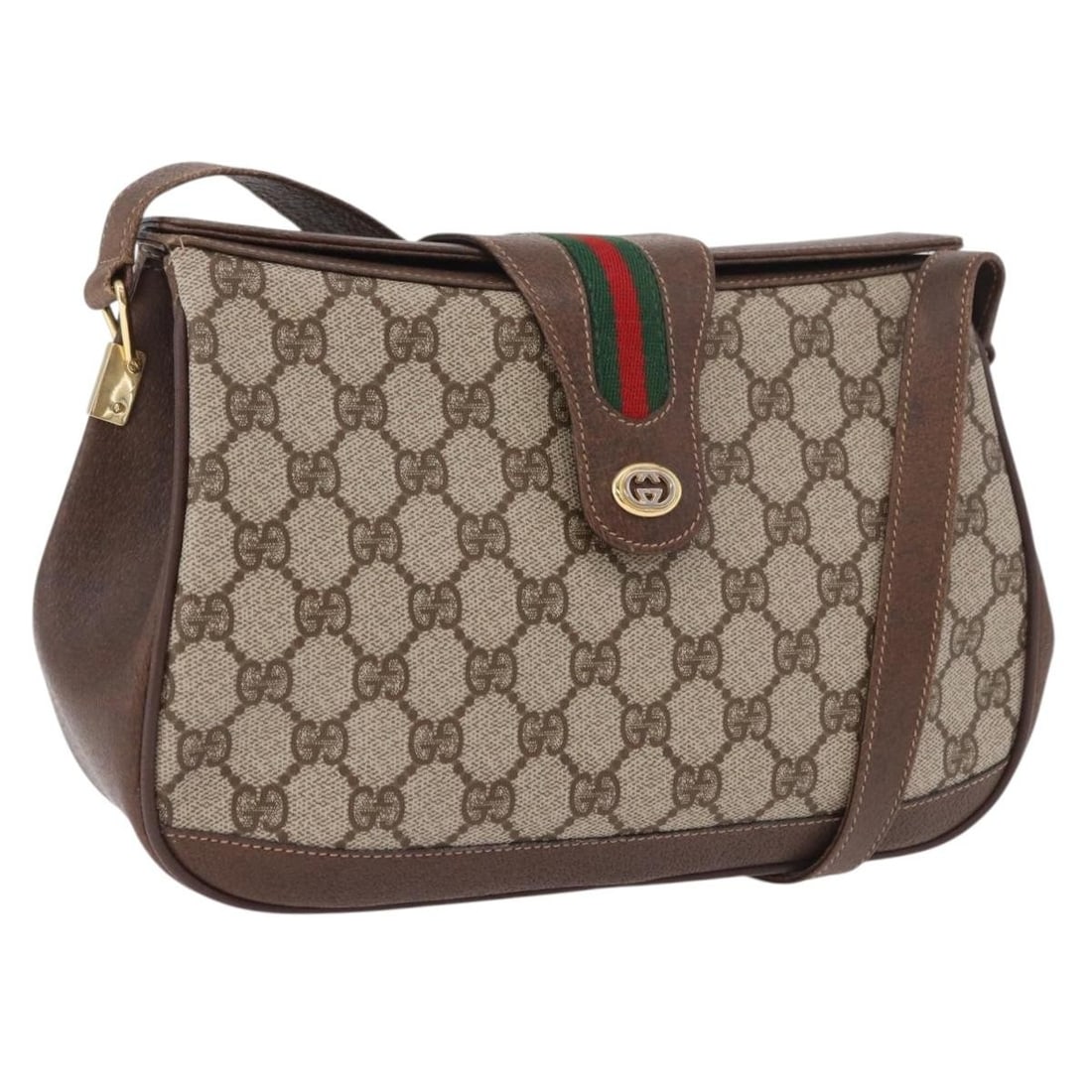 Gucci Sherry Line GG Supreme Shoulder Bag Beige Gold PVC Leather: Gucci Sherry Line GG Supreme Shoulder Bag Beige Gold PVC Leather Gucci GG Supreme Web Sherry Line shoulder bag in beige and gold, made in Italy from PVC leather and GG canvas. The bag measures approxi