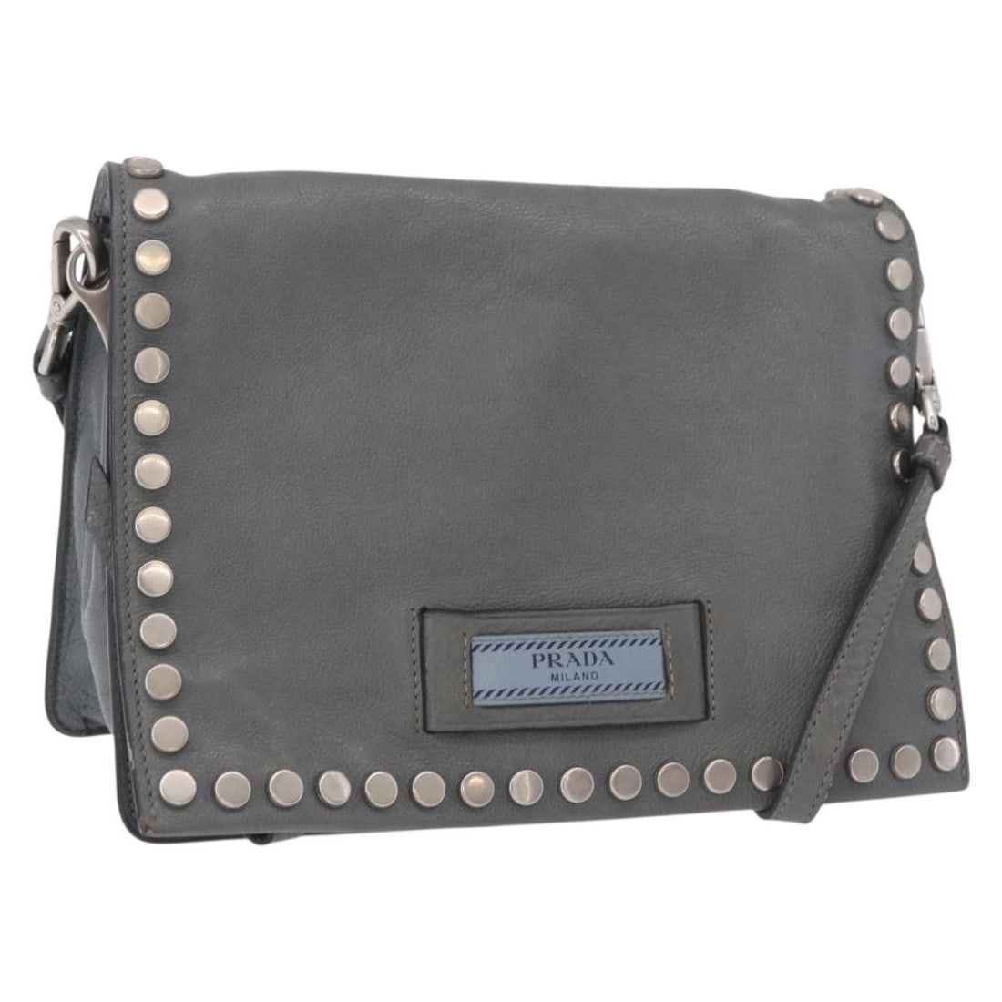 PRADA Gray Silver Leather 2 Way Shoulder Bag with Strap: PRADA Gray Silver Leather 2 Way Shoulder Bag with Strap PRADA shoulder bag in leather with a gray and silver color scheme. It is a 2-way style and comes with a shoulder strap. Made in Italy, this wome