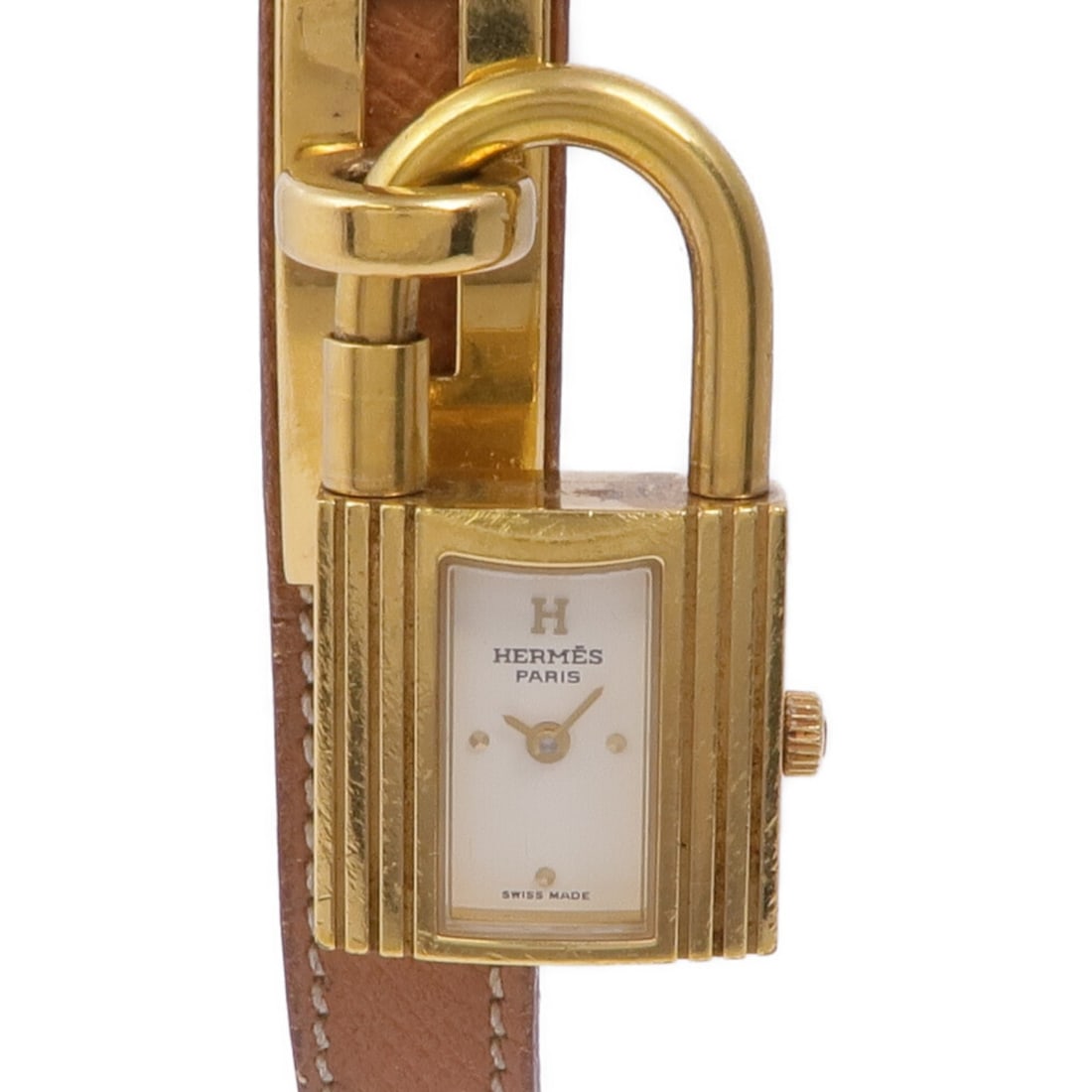Hermes Kelly Ladies Quartz Wristwatch Stainless Steel White Dial: Hermes Kelly Ladies Quartz Wristwatch Stainless Steel White Dial HERMES Kelly ladies' quartz watch with a stainless steel case and leather belt in white and gold tones. The watch has a 20 mm x 20 mm c