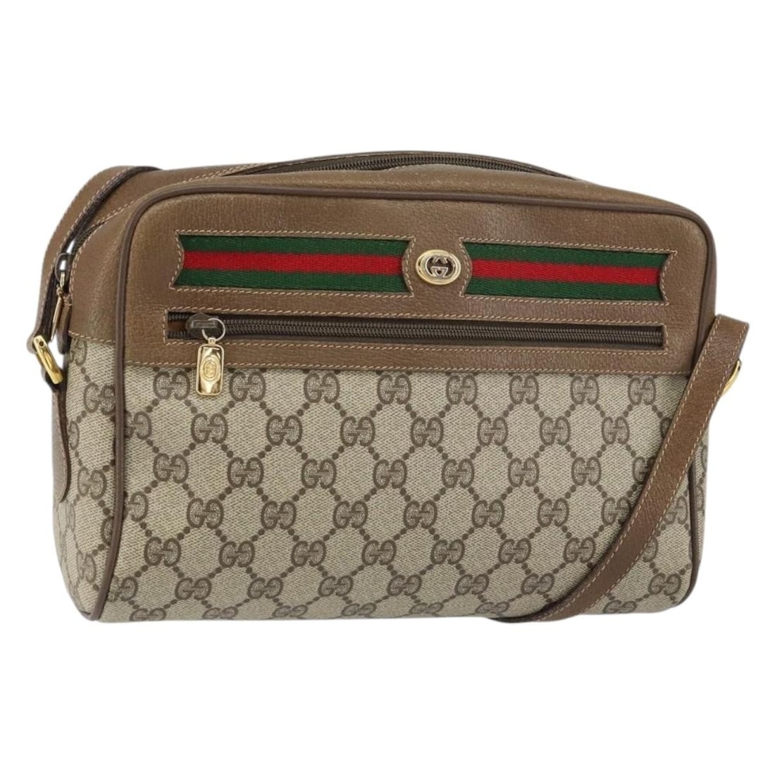 GUCCI GG Supreme Sherry Line Beige Gold Shoulder Bag Auth 56 02 088: GUCCI GG Supreme Sherry Line Beige Gold Shoulder Bag Auth 56 02 088 Introducing the GUCCI GG Supreme Web Sherry Line Bag, a stylish shoulder bag crafted in Italy from durable PVC leather with GG canva
