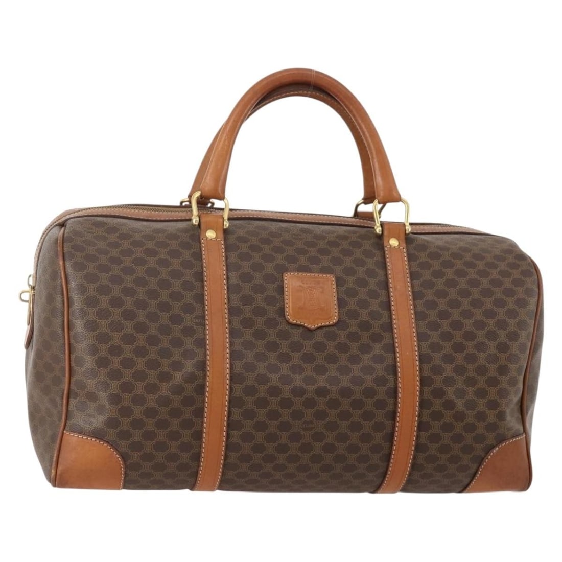 CELINE Macadam Canvas Brown Gold Boston Bag PVC Leather: CELINE Macadam Canvas Brown Gold Boston Bag PVC Leather This CELINE Boston Bag features the iconic Macadam canvas design with brown and gold tones, crafted from durable PVC leather. The bag is made in