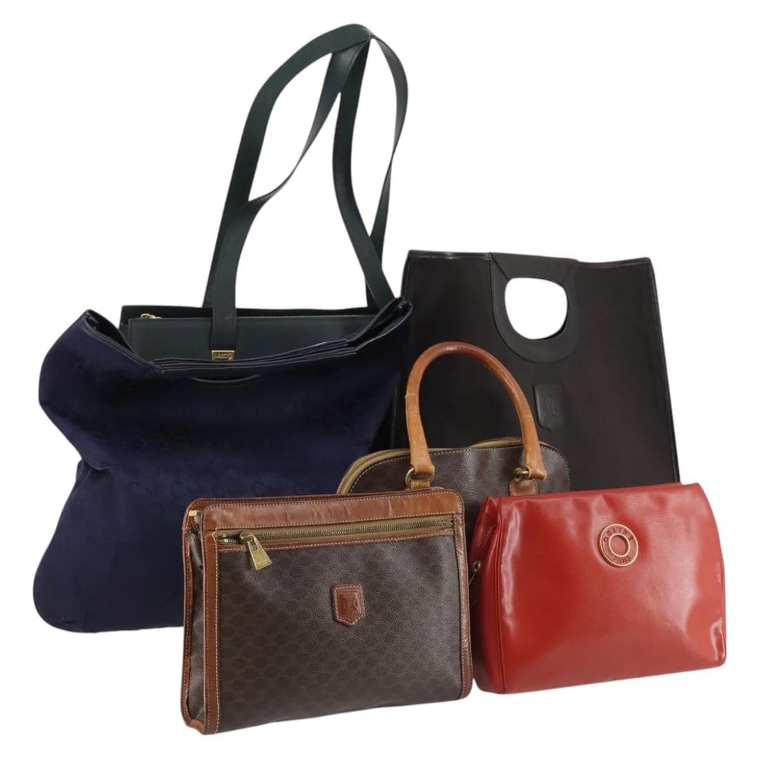 Celine Canvas Hand Bag Set of 6 Brown Navy Green Authentic: Celine Canvas Hand Bag Set of 6 Brown Navy Green Authentic This authentic CELINE Hand Bag features a stylish combination of brown, navy, and green colors, crafted from durable canvas material. Designe