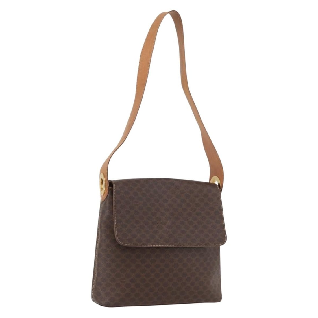 Celine Macadam Pattern Brown PVC Leather Shoulder Bag Gold Accents: Celine Macadam Pattern Brown PVC Leather Shoulder Bag Gold Accents This CELINE Macadam Canvas shoulder bag is crafted from brown PVC leather and Macadam canvas with gold-tone accents. Designed for wom
