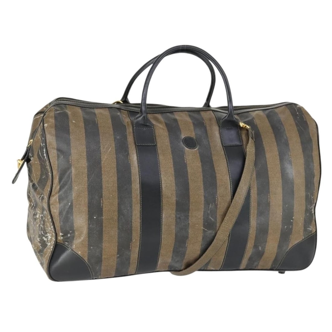 Fendi Boston Bag Pequin Canvas and Nylon Black Brown Gold 2way with Strap: Fendi Boston Bag Pequin Canvas and Nylon Black Brown Gold 2way with Strap This FENDI Boston bag features a black, brown, and gold color scheme in durable nylon and Pequin canvas. Designed for versatil