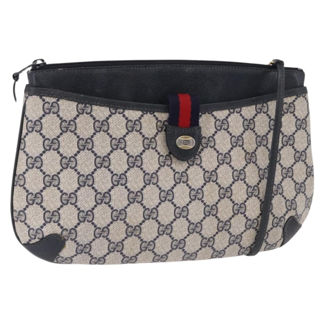 Gucci Sherry Line GG Supreme PVC Shoulder Bag Navy Gold 39 02 026: Gucci Sherry Line GG Supreme PVC Shoulder Bag Navy Gold 39 02 026 Gucci GG Supreme Sherry Line shoulder bag in navy and gold, made from PVC leather and GG canvas. It is a shoulder bag made in Italy an
