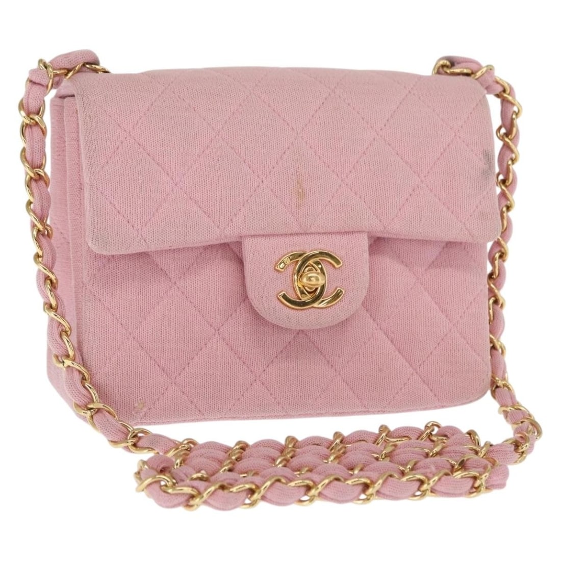 Chanel Mini Matelasse 17 Cotton Shoulder Bag Pink Gold CC: Chanel Mini Matelasse 17 Cotton Shoulder Bag Pink Gold CC A CHANEL Mini Matelasse 17 chain shoulder bag in pink and gold, made from cotton and crafted in France. The bag measures approximately W17 x H