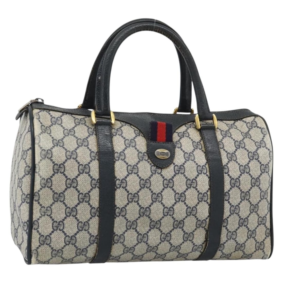 Gucci 39 02 007 GG Supreme PVC Leather Navy Sherry Handbag: Gucci 39 02 007 GG Supreme PVC Leather Navy Sherry Handbag Gucci GG Supreme Sherry Line handbag in navy and gold PVC leather with GG canvas. Made in Italy, this women's handbag features a structured s