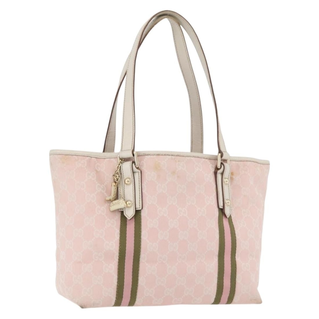 Gucci Sherry Line GG Canvas Tote Pink Gold Charm 137896: Gucci Sherry Line GG Canvas Tote Pink Gold Charm 137896 A Gucci Sherry Line tote bag in pink and gold GG Canvas, made in Italy. It comes with a charm accessory and features a tote bag style with the l