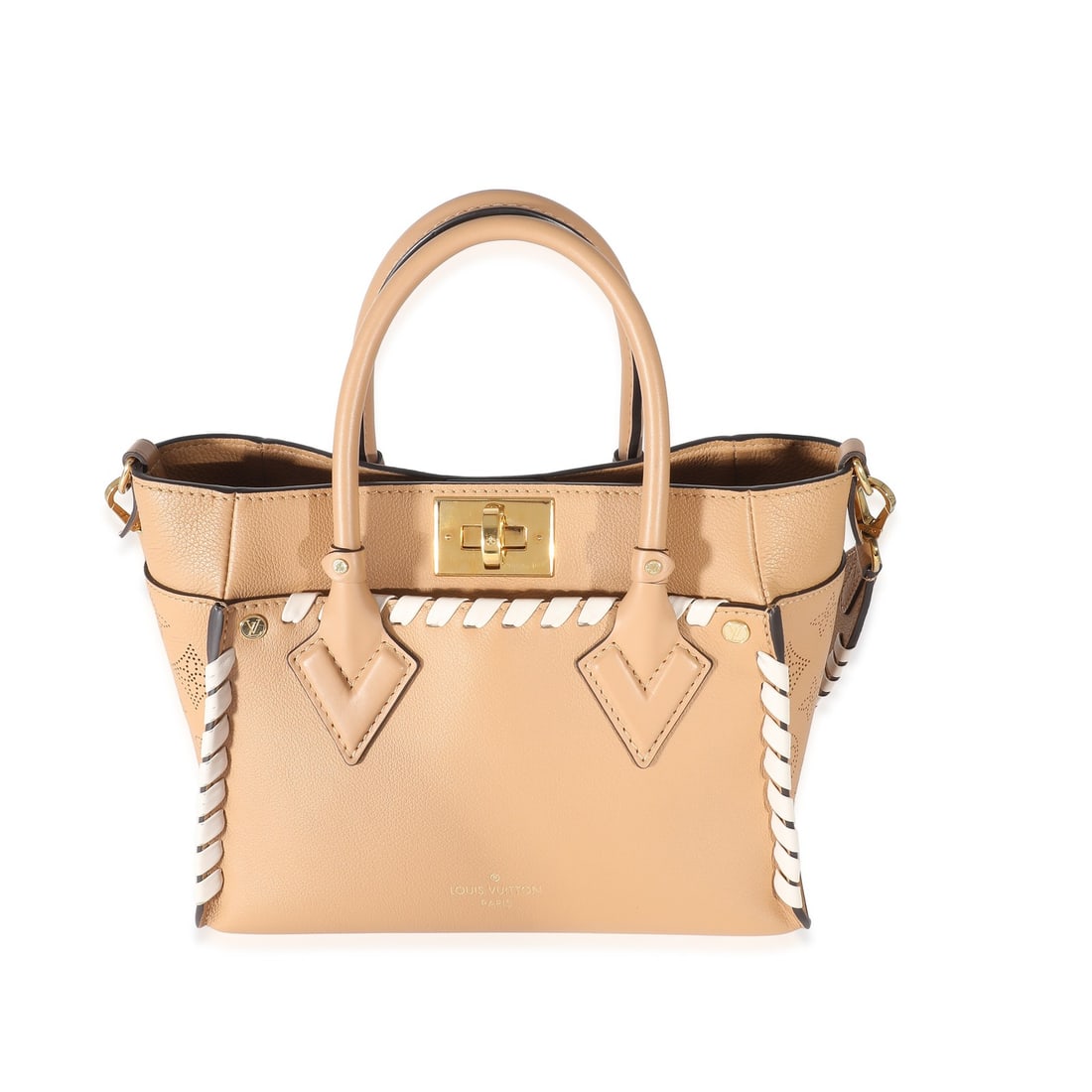 Louis Vuitton On My Side PM Brown Mahina Leather Shoulder Bag: Louis Vuitton On My Side PM Brown Mahina Leather Shoulder Bag A Louis Vuitton On My Side PM handbag in brown Mahina calfskin leather with a braided detail. It features a turnlock closure, gold-tone ha