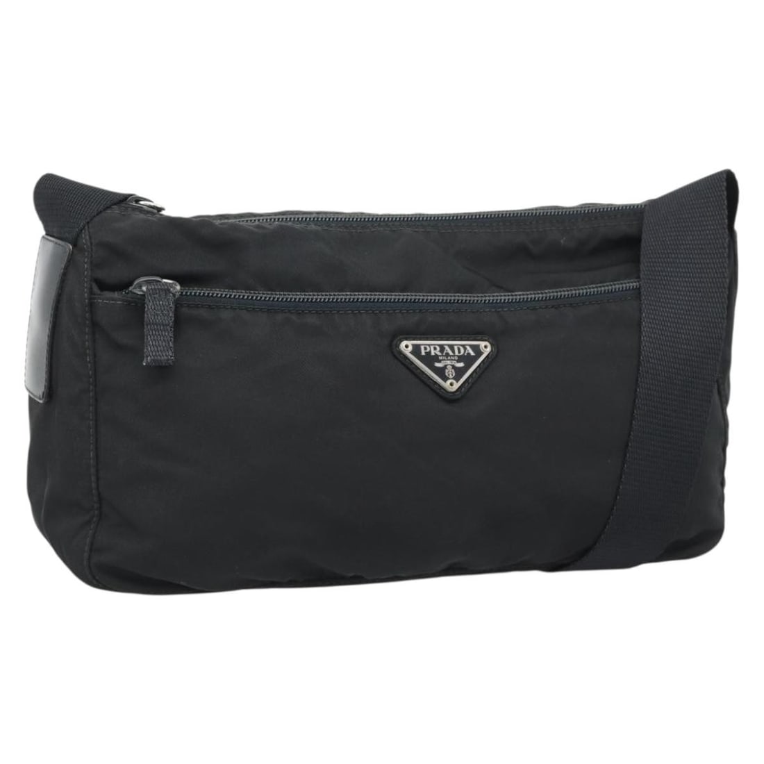 PRADA Black Nylon Shoulder Bag Silver Tone Womens: PRADA Black Nylon Shoulder Bag Silver Tone Womens Prada shoulder bag in black and silver nylon, made in Italy. Designed for women, this bag measures approximately 29 cm wide, 18 cm high, and 10 cm dee