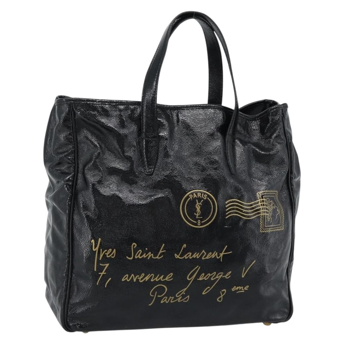 SAINT LAURENT Black Patent Leather Tote Bag Gold Tone Italy: SAINT LAURENT Black Patent Leather Tote Bag Gold Tone Italy Saint Laurent tote bag in black patent leather with gold-tone hardware. Made in Italy, this bag measures approximately 38 cm W x 35 cm H x 1