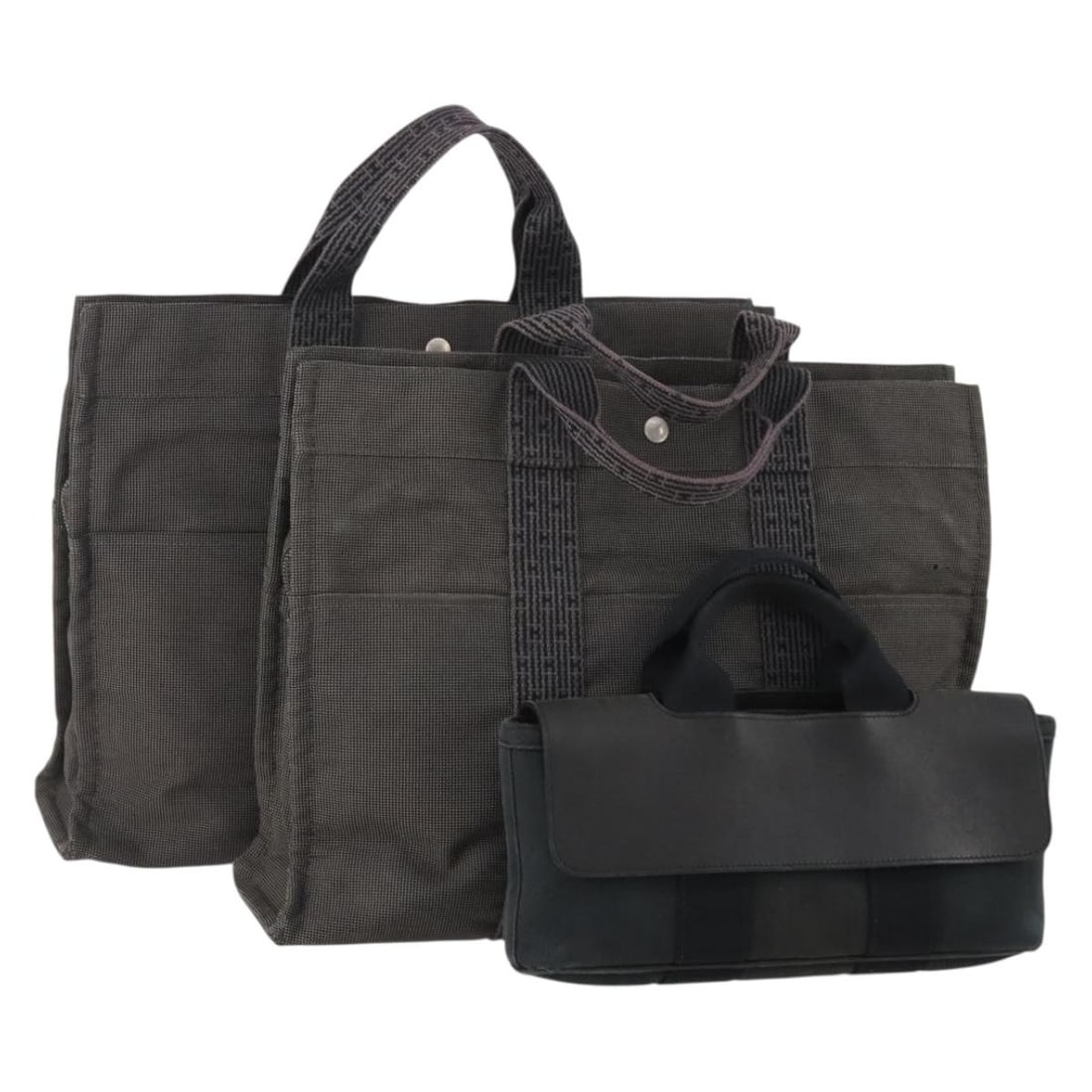 3 Piece Hermes Canvas Tote Bag Set Black Gray: 3 Piece Hermes Canvas Tote Bag Set Black Gray Hermes canvas tote bag set in black and gray, made in France. This women's tote bag set is offered as a special set sale and includes only the items shown