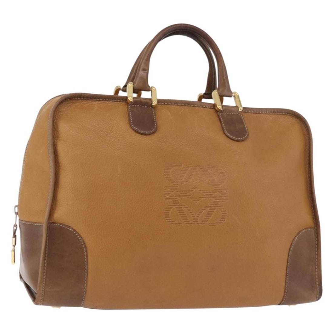 LOEWE Anagram Leather Boston Bag Brown Gold Spain: LOEWE Anagram Leather Boston Bag Brown Gold Spain This LOEWE Boston bag is crafted from leather in a brown and gold color combination. It was made in Spain and has been repainted. The bag is offered w