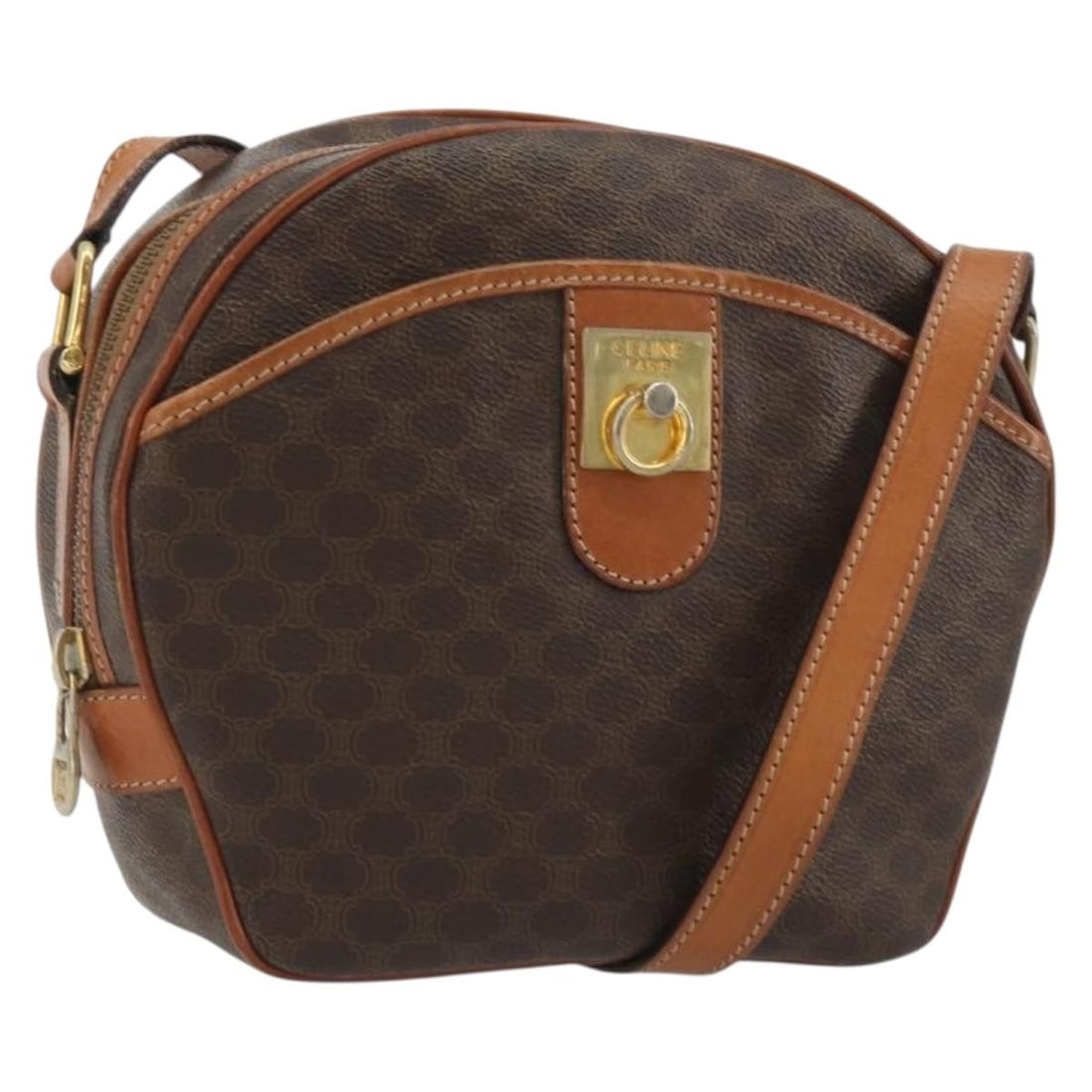 CELINE Macadam Shoulder Bag Brown PVC Leather Gold Tone: CELINE Macadam Shoulder Bag Brown PVC Leather Gold Tone CELINE shoulder bag in PVC leather and Macadam canvas in brown and gold. Made in Italy, this women's bag measures approximately 17 cm W x 19 cm 