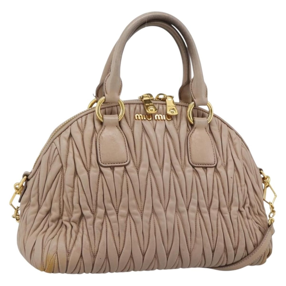 Miu Miu Matelasse Leather 2way Handbag Pink with Strap: Miu Miu Matelasse Leather 2way Handbag Pink with Strap Miu Miu matelasse leather 2way hand bag in pink and gold, made in Turkey. It includes a shoulder strap and guarantee card. The bag has been repai