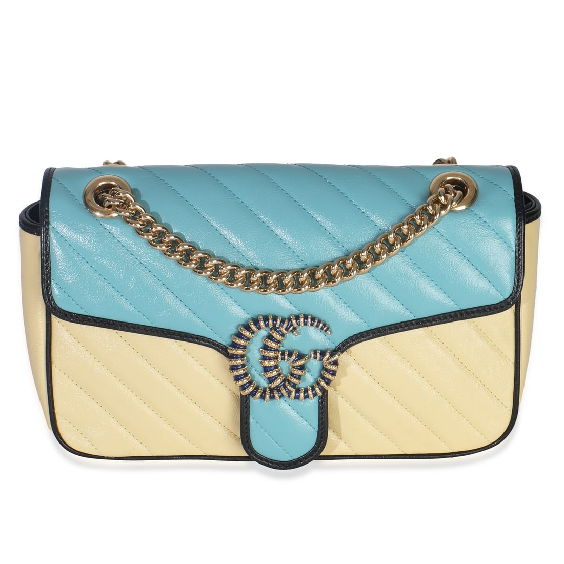 Gucci Marmont Small GG Matelasse Calfskin Shoulder Bag Blue Yellow: Gucci Marmont Small GG Matelasse Calfskin Shoulder Bag Blue Yellow A Gucci Small GG Marmont bag in blue, yellow, and multicolor calfskin with matelasse diagonal torchon detailing. It features a push-l