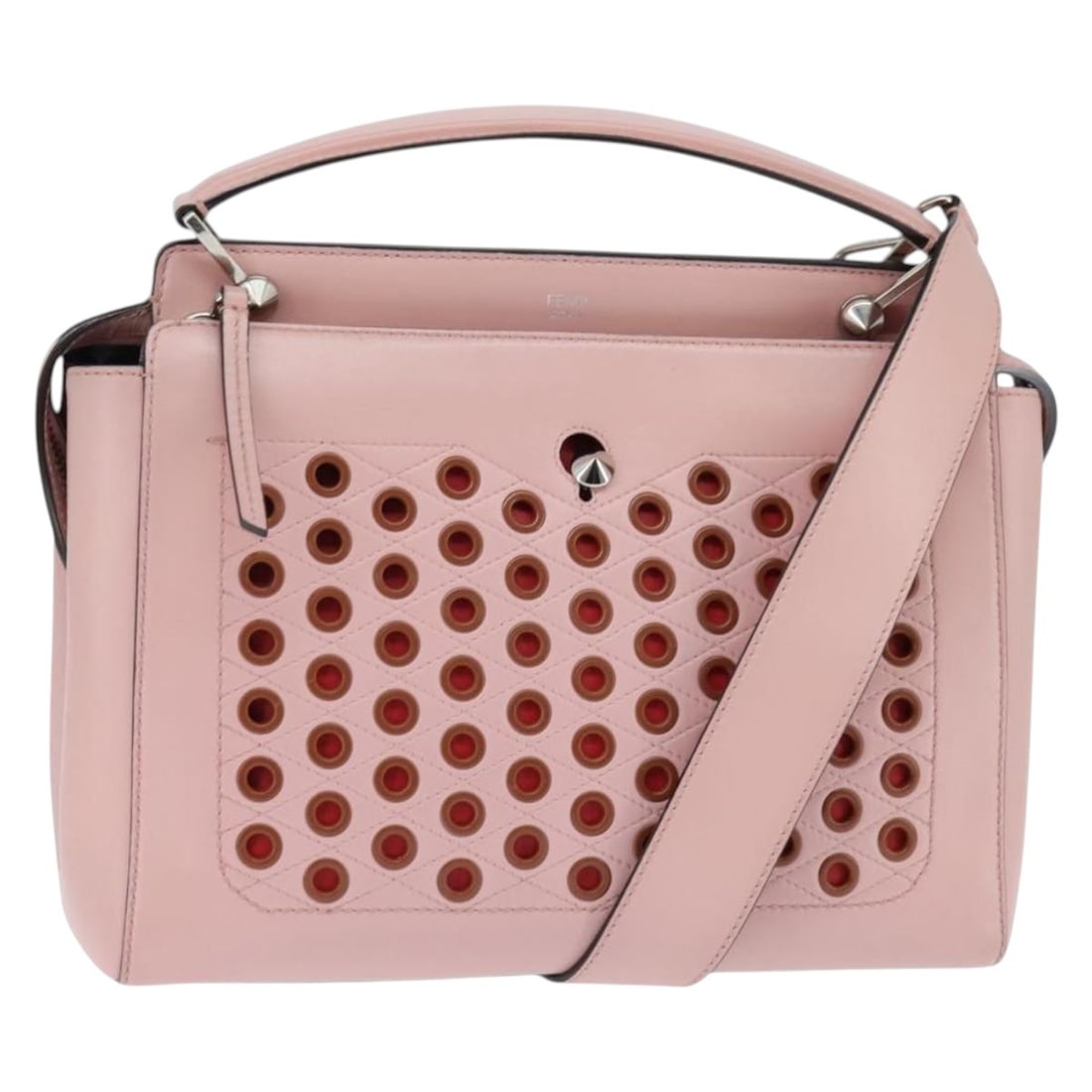Fendi Dot Com Pink Silver Leather 2way Handbag with Strap: Fendi Dot Com Pink Silver Leather 2way Handbag with Strap This FENDI Dot Com handbag is crafted from leather in a pink and silver color combination. Designed for versatile use, it can be carried by ha