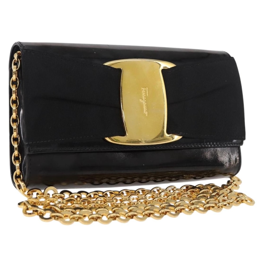 Salvatore Ferragamo Vara Patent Leather Shoulder Bag Black Gold Tone: Salvatore Ferragamo Vara Patent Leather Shoulder Bag Black Gold Tone Salvatore Ferragamo Vara Ribbon Chain Bag in black and gold patent leather, made in Italy. This women's shoulder bag features a com