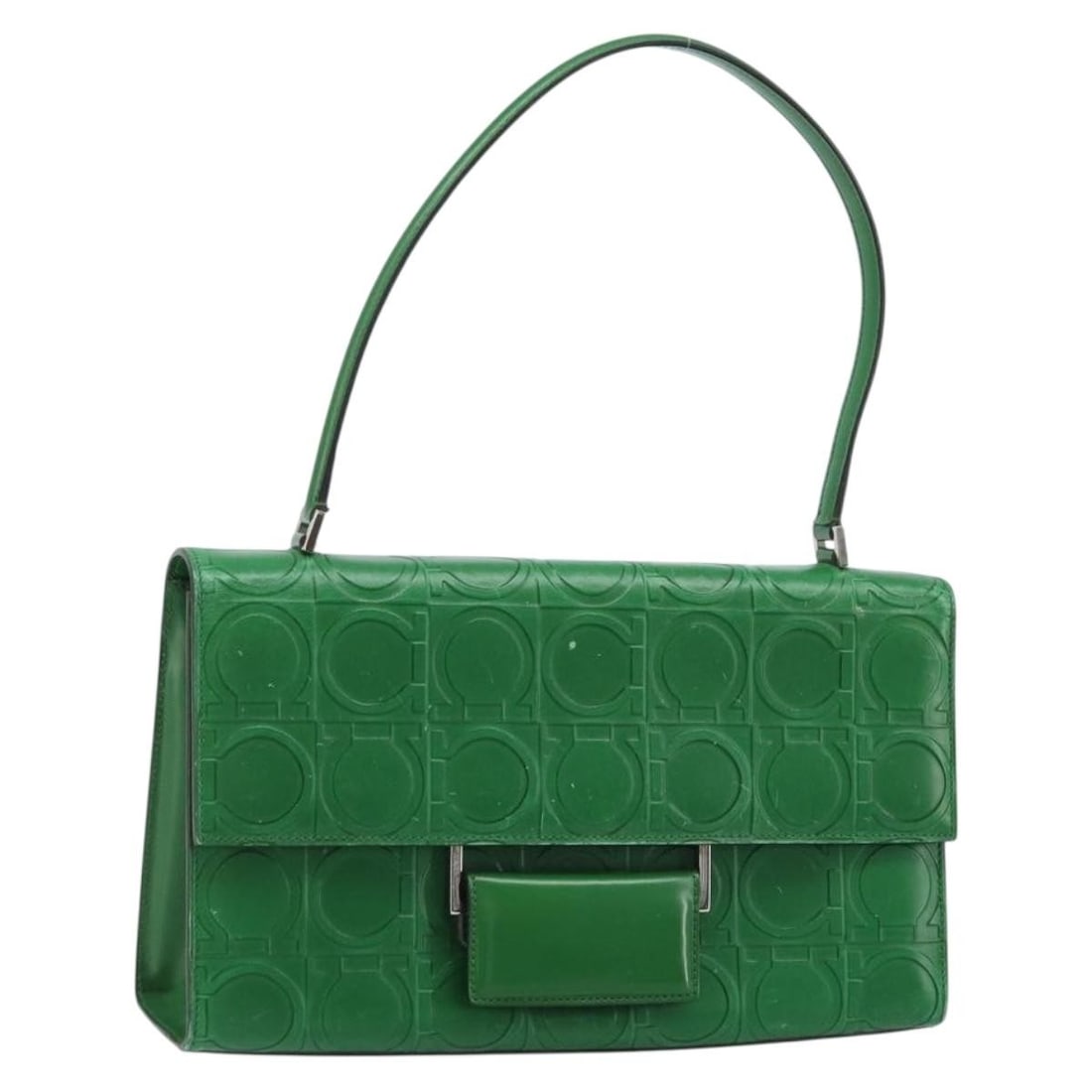 Green Leather Gancini Shoulder Bag by Salvatore Ferragamo Silver Accents: Green Leather Gancini Shoulder Bag by Salvatore Ferragamo Silver Accents This Salvatore Ferragamo Gancini shoulder bag features green leather with silver-tone accents. Designed for women, it offers a 